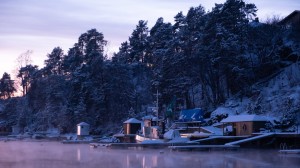 Snötäckta bryggor och träd vid isbelagd sjö