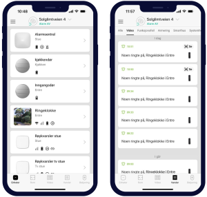 Hus Smart-appen som viser oversikt over tilkoblede enheter og varsler fra ringeklokken.