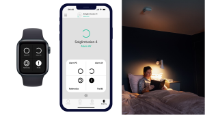 Bildet er todelt og viser alarmkontroll i Apple Watch og Hus Smart-appen, og en kvinne som leser i sengen i dempet belysning.