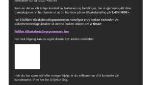 En E-post som er forsøk på svindel. Den forklarer at du har krav på en tilbakebetaling. Den henviser til en lenke og en QR-kode.