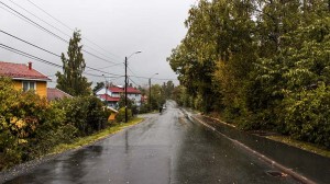 En tom gate i et nabolag. Det har regnet og veien er våt.