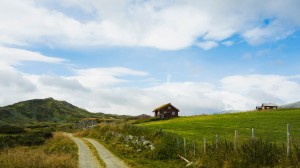 En liten grusvei med gjerde, ved siden av et hyttefelt på fjellet. 