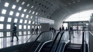 En moderne flyplassterminal med buet tak, store vinduer og rulletrapper. Passasjerer går mot sikkerhetskontrollen.