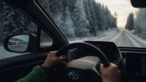 Fører holder rattet i en bil på en vintervei omgitt av snødekte trær, med fokus på trygg kjøring og bilforsikring.