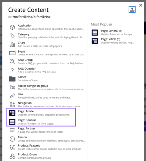 Select either Page: Article or Page: General from the menu