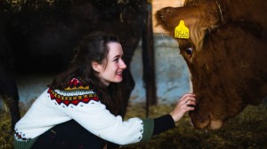 A farmer girl sits down in the front of a cow, smiling