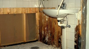 Vattenskadat och utrivet badrum, med borttagna kakelplattor och bara ett handfat som inredning