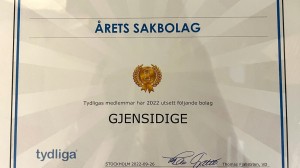 Diplom där det står att Gjensidige utsetts till Årets Sakbolag 2022 av försäkringsförmedlaren tydligas medlemmar