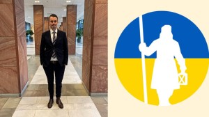 Anders Lundin Sverigechef Gjensidige i korridor samt Ukrainsk flagga